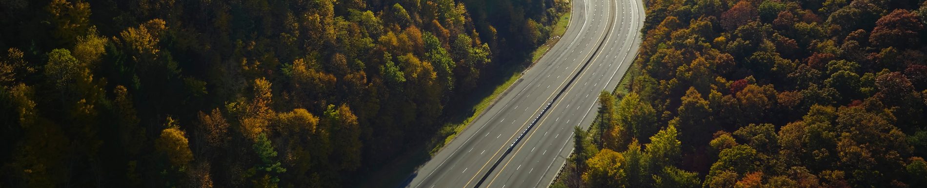 Open highway winding through autumn forest in the United States, symbolizing the path to a U.S. H-1B work visa