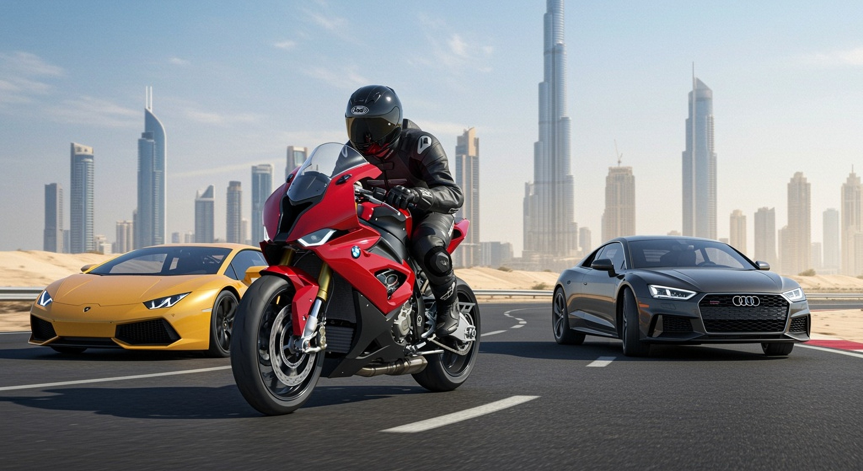 Dubai auto dealer riding a sport motorcycle between luxury cars with the skyline behind, representing an E-2 investor visa case for opening a US car dealership.