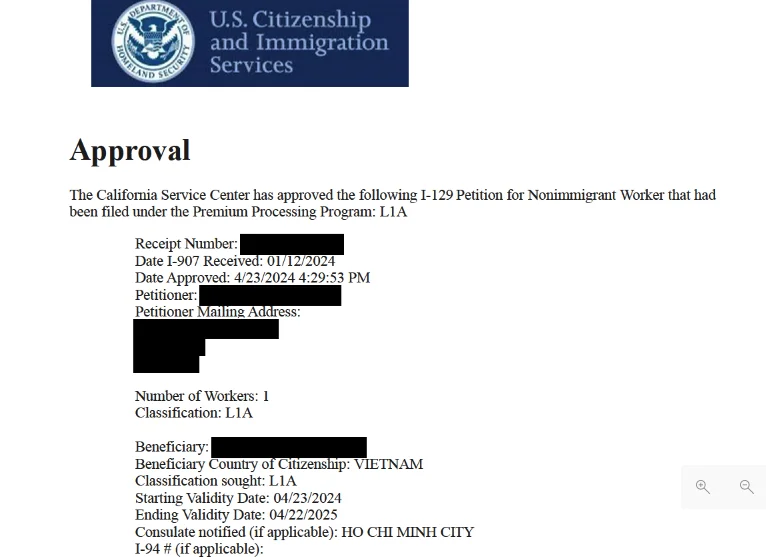 New office L-1A petition approved for an executive from Vietnam