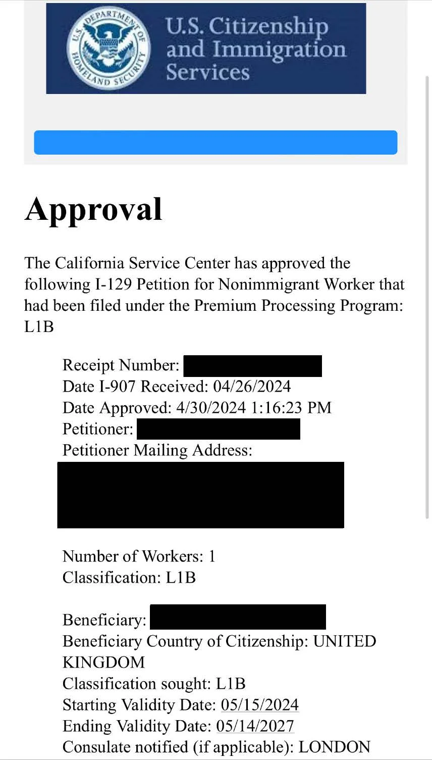 Approved L1-B petition for a specialized knowledge employee from the UK