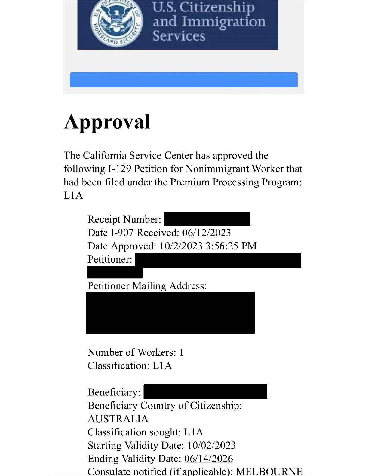 L-1A petition approved for three years for an executive from Australia