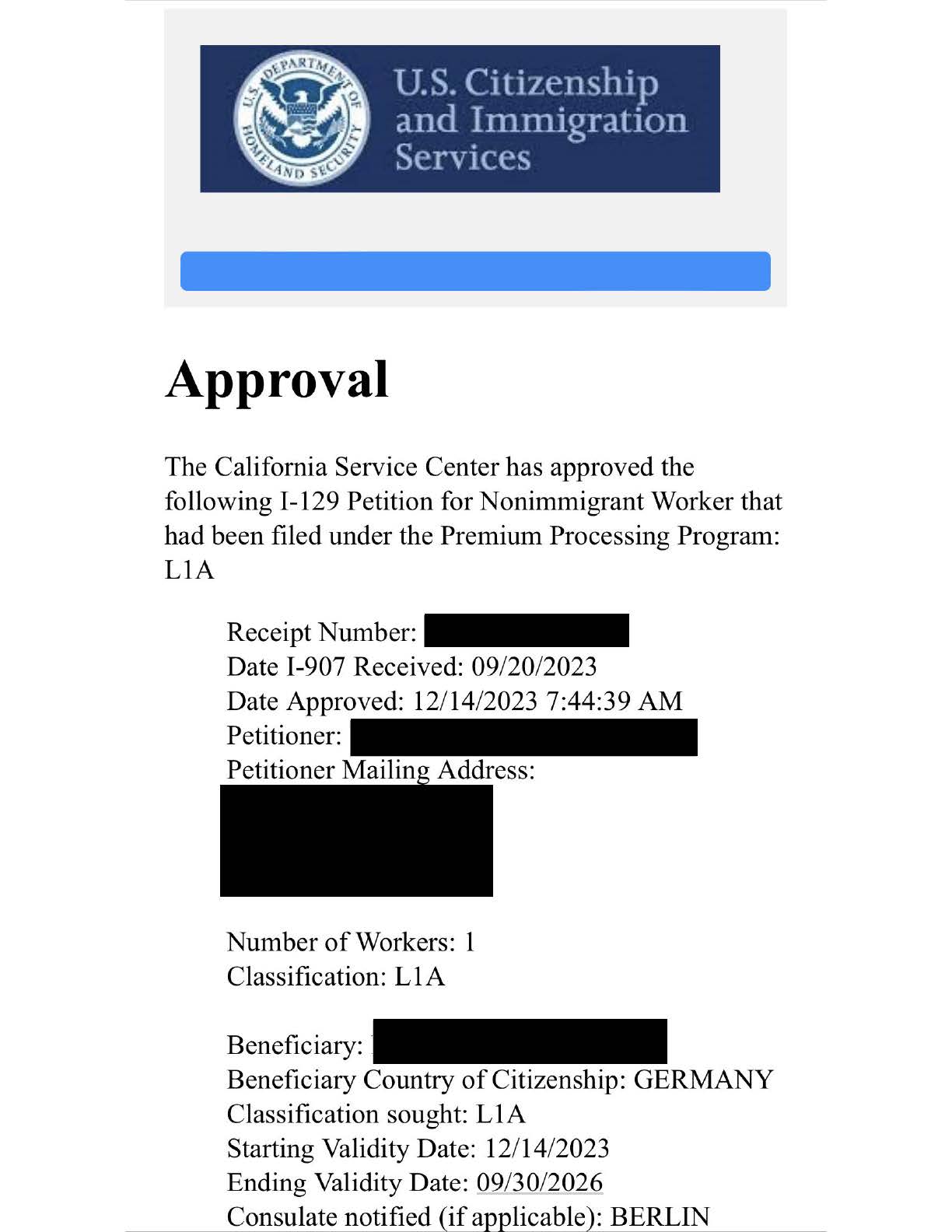 L-1A petition approved for three years for an operations manager from Germany