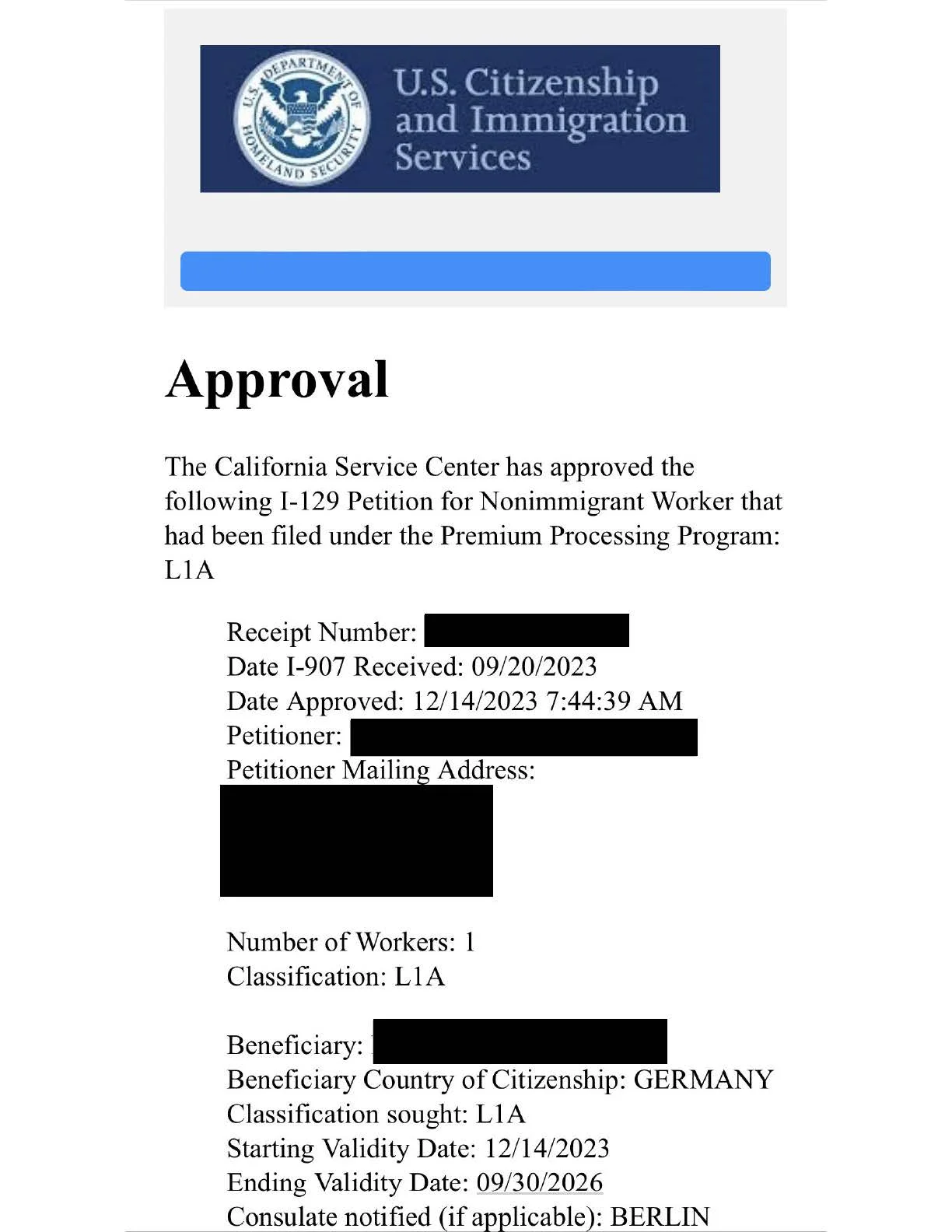 L-1A petition approved for three years for an operations manager from Germany