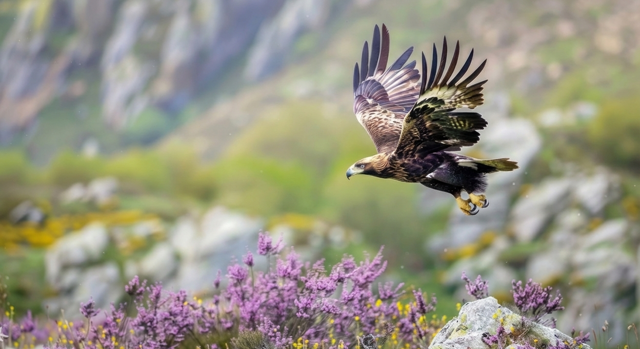 Eagle flying over wild area with determination. Attitude required to complete For I-129