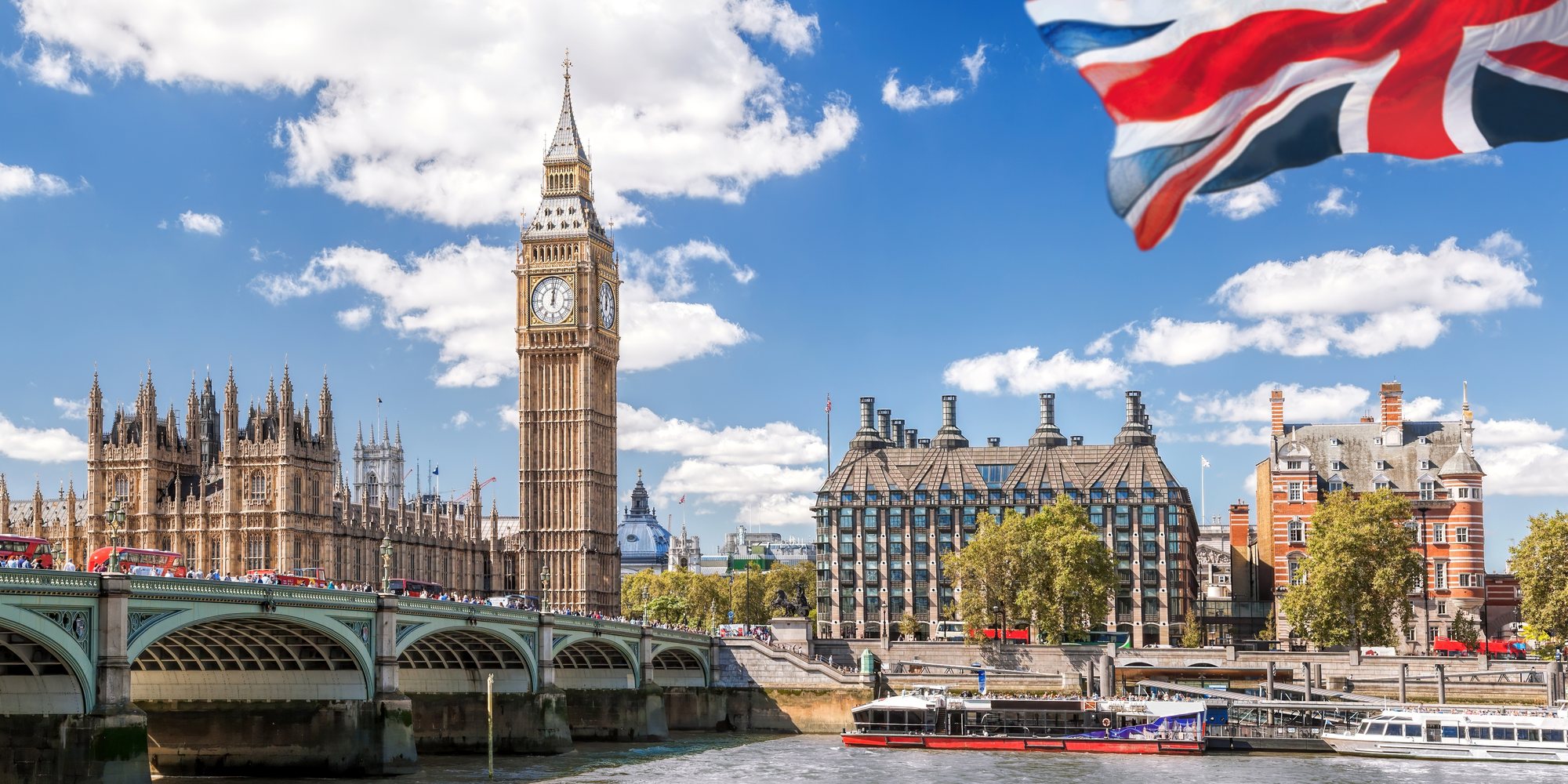 Big Ben and the Houses of Parliament with the Union Flag, Westminster, London