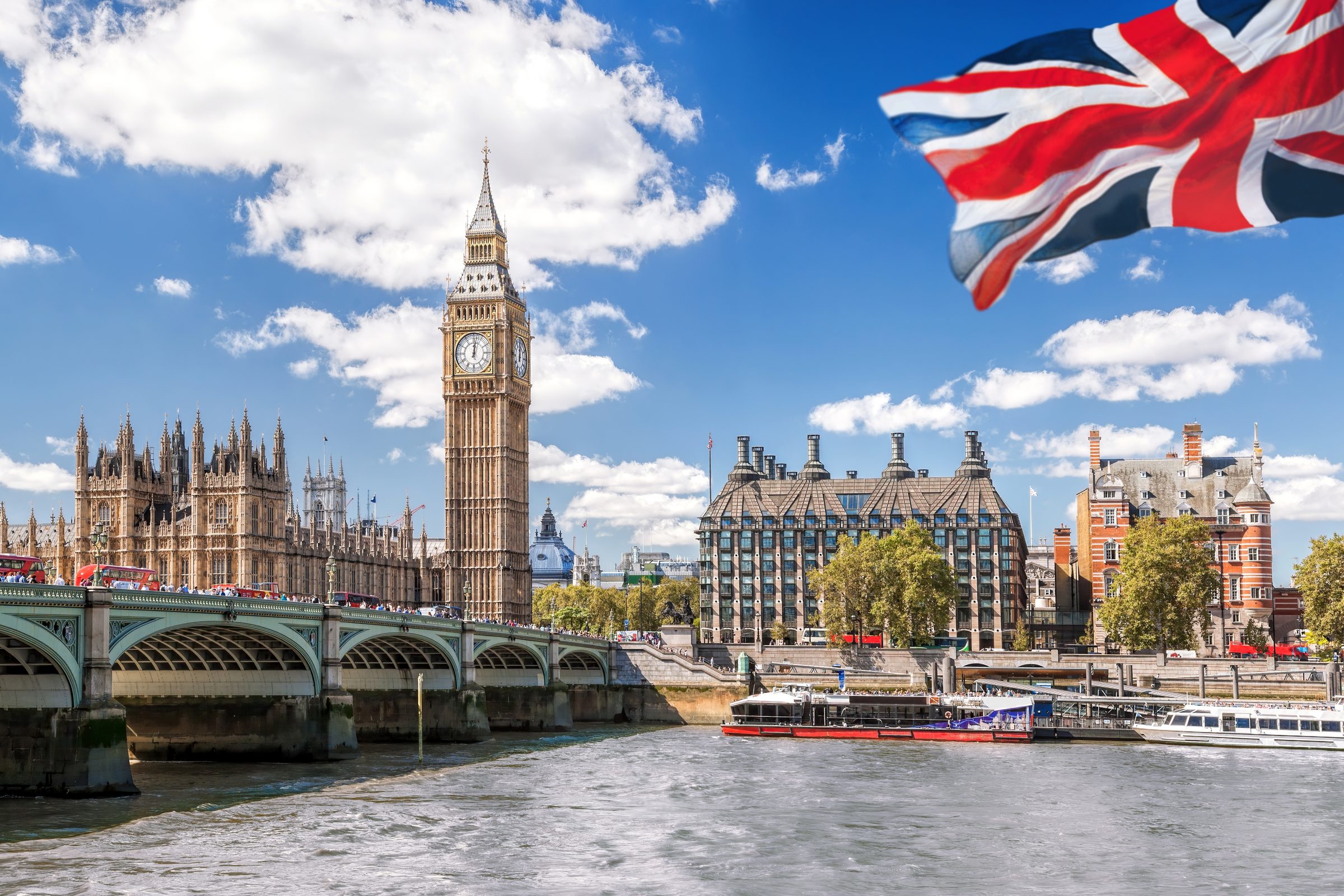 Big Ben and the Houses of Parliament with the Union Flag, Westminster, London