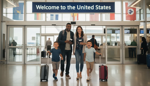 Family walking through airport entrance with 