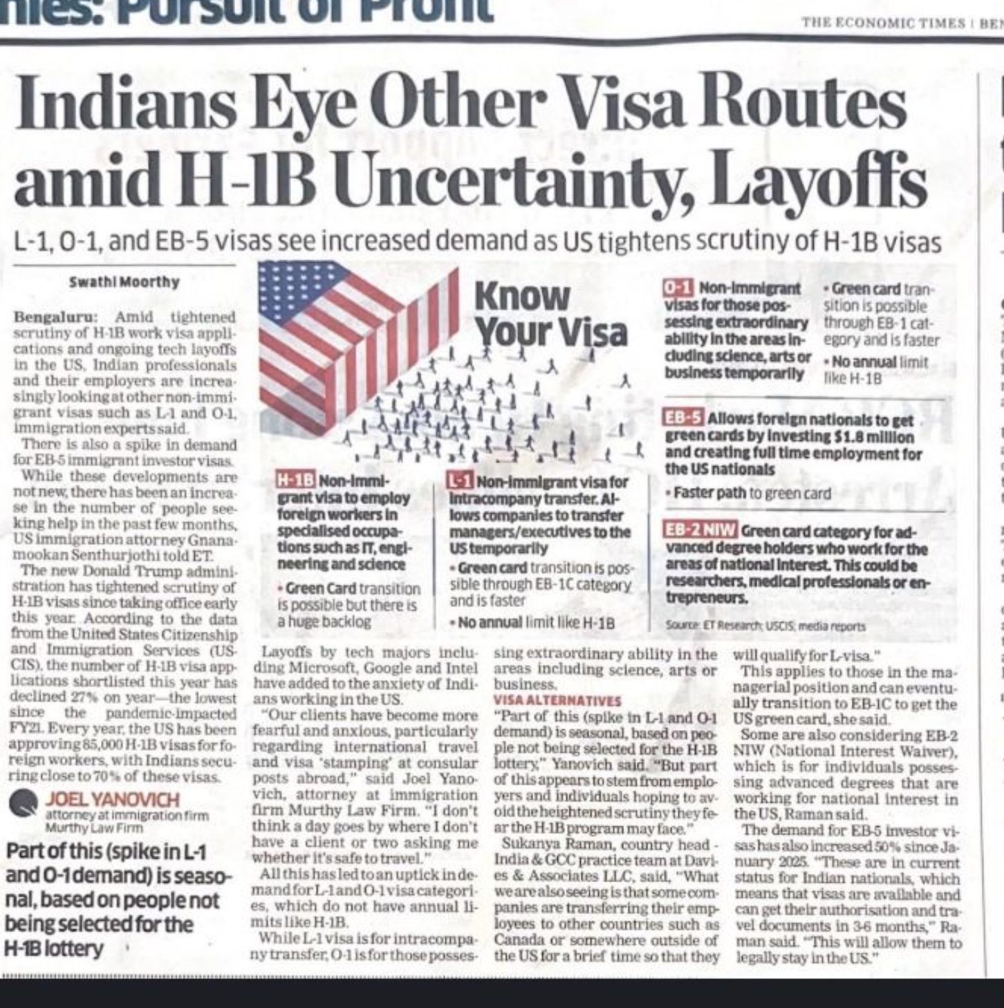 The Economic Times Bengaluru edition: Indians Eye Other Visa Routes Amid H-1B Uncertainty, Layoffs &mdash; quoting Sukanya Raman, Esq., Davies & Associates